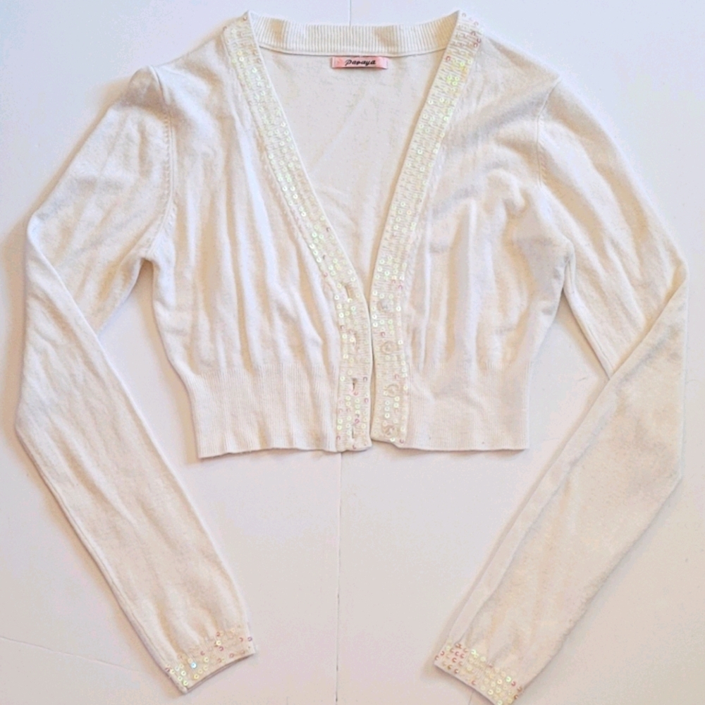 Pinkyotto White Sequin Trim Cropped Cardigan Sweater